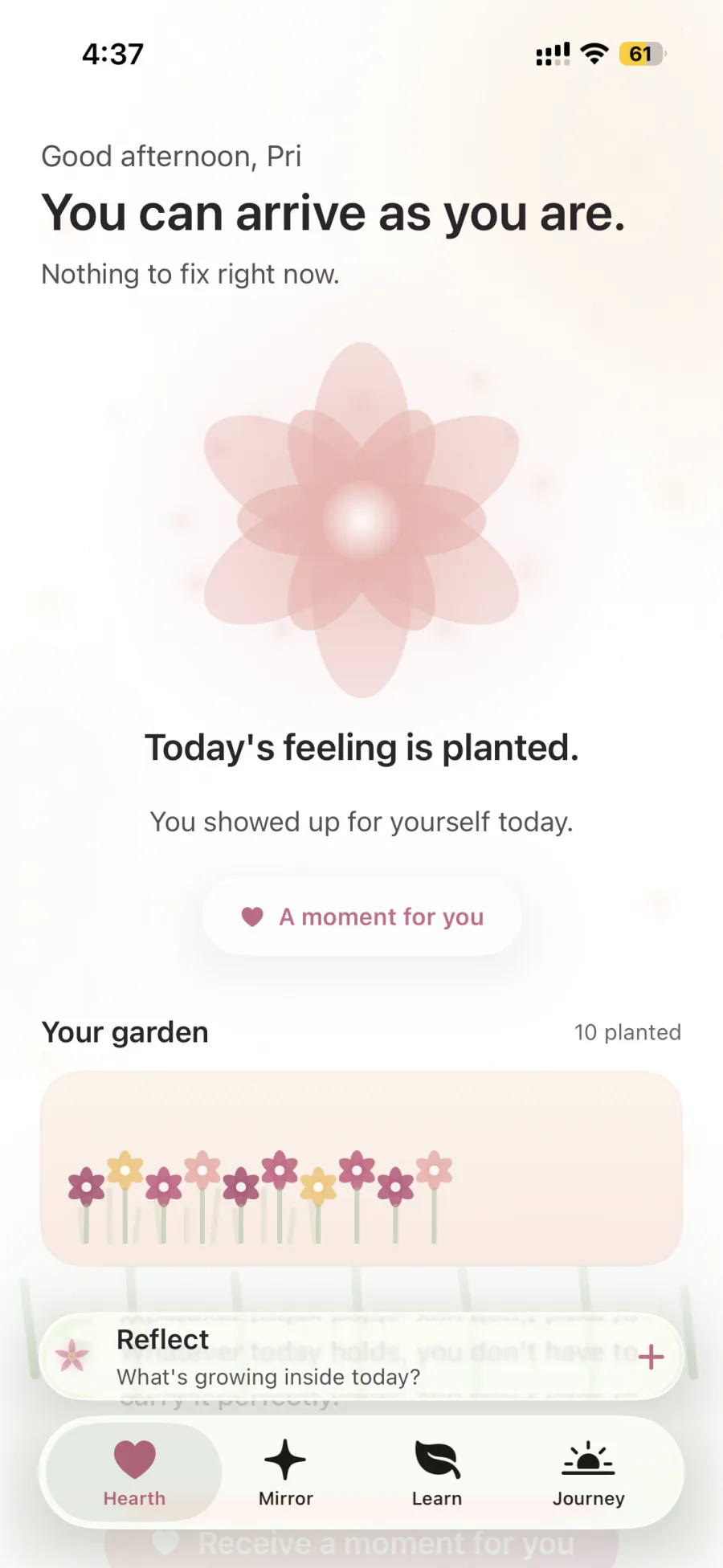 Nureli's Hearth home screen: a soft greeting and a single line noticing how you've been