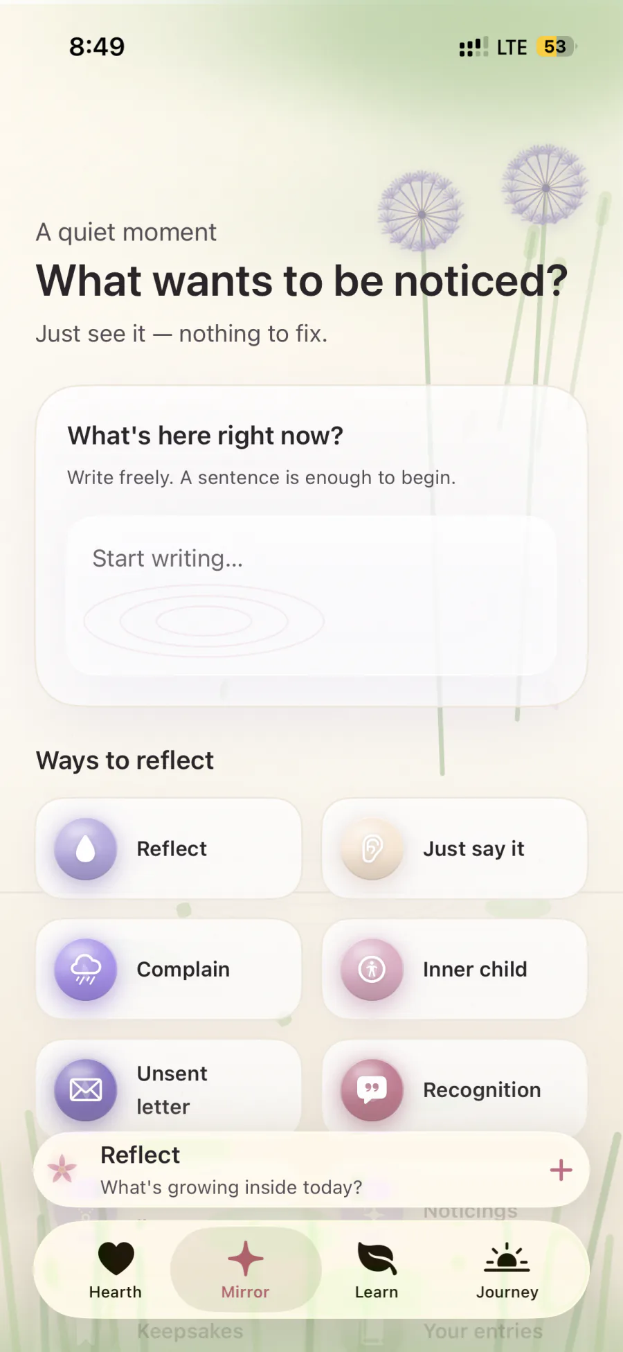 Mirror: a still reflection pond where you write